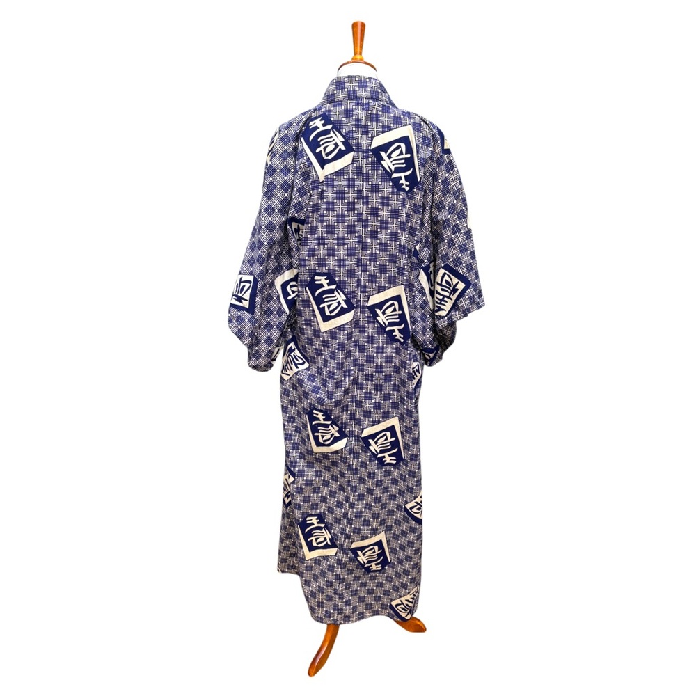 Vintage Japanese Indigo & Ivory Cotton Yukata Womens One Size Asian Kimono Robe